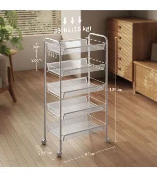 Carrito Auxiliar con Ruedas de 5 Niveles con Cestas de Malla Extraíbles y Marco de Acero 45x26,5x106 cm Blanco