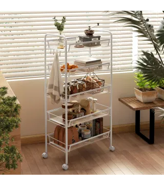 Carrito Auxiliar con Ruedas de 5 Niveles con Cestas de Malla Extraíbles y Marco de Acero 45x26,5x106 cm Blanco