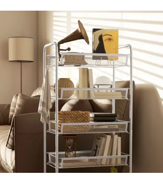 Carrito Auxiliar con Ruedas de 5 Niveles con Cestas de Malla Extraíbles y Marco de Acero 45x26,5x106 cm Blanco