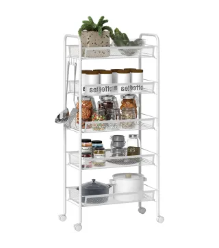 Carrito Auxiliar con Ruedas de 5 Niveles con Cestas de Malla Extraíbles y Marco de Acero 45x26,5x106 cm Blanco