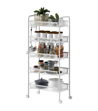 Carrito Auxiliar con Ruedas de 5 Niveles con Cestas de Malla Extraíbles y Marco de Acero 45x26,5x106 cm Blanco
