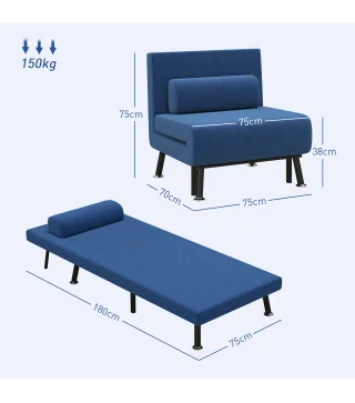Sofá Cama Individual Plegable con Respaldo Ajustable de 5 Niveles Cojín y Tapizado de Lino Sintético 75x70x75 cm Azul