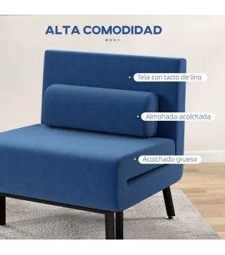 Sofá Cama Individual Plegable con Respaldo Ajustable de 5 Niveles Cojín y Tapizado de Lino Sintético 75x70x75 cm Azul