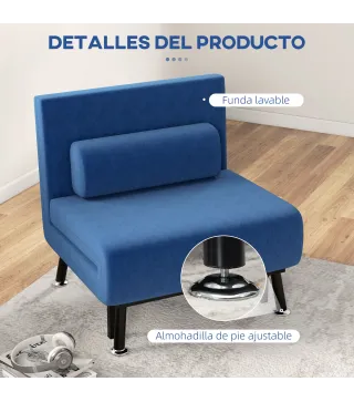 Sofá Cama Individual Plegable con Respaldo Ajustable de 5 Niveles Cojín y Tapizado de Lino Sintético 75x70x75 cm Azul