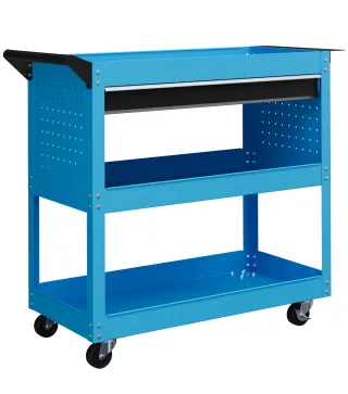 Carro de Taller Carro de Herramientas con 3 Bandejas y Cajón Ruedas con Frenos Asa Lateral Panel Lateral Perforado Azul