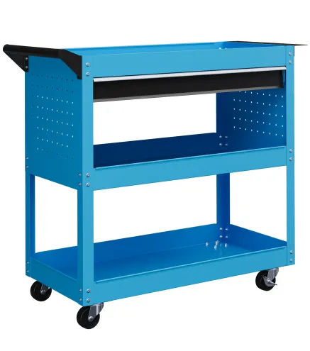 Carro de Taller Carro de Herramientas con 3 Bandejas y Cajón Ruedas con Frenos Asa Lateral Panel Lateral Perforado Azul