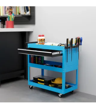 Carro de Taller Carro de Herramientas con 3 Bandejas y Cajón Ruedas con Frenos Asa Lateral Panel Lateral Perforado Azul