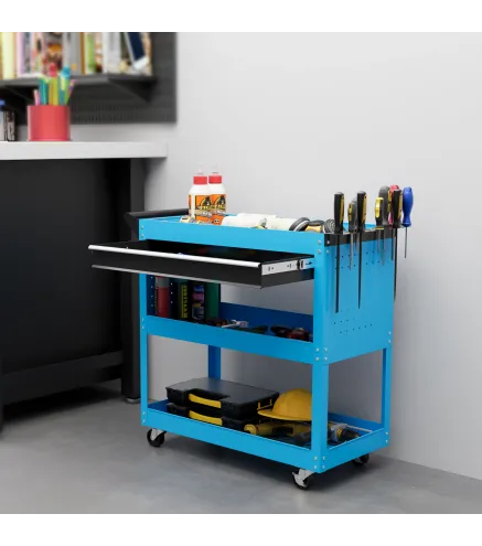 Carro de Taller Carro de Herramientas con 3 Bandejas y Cajón Ruedas con Frenos Asa Lateral Panel Lateral Perforado Azul