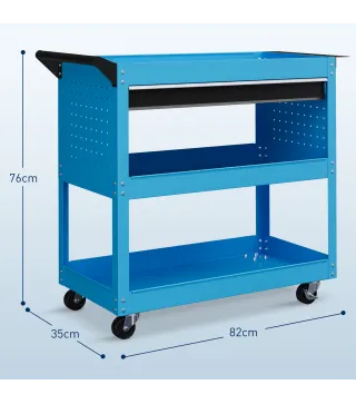 Carro de Taller Carro de Herramientas con 3 Bandejas y Cajón Ruedas con Frenos Asa Lateral Panel Lateral Perforado Azul