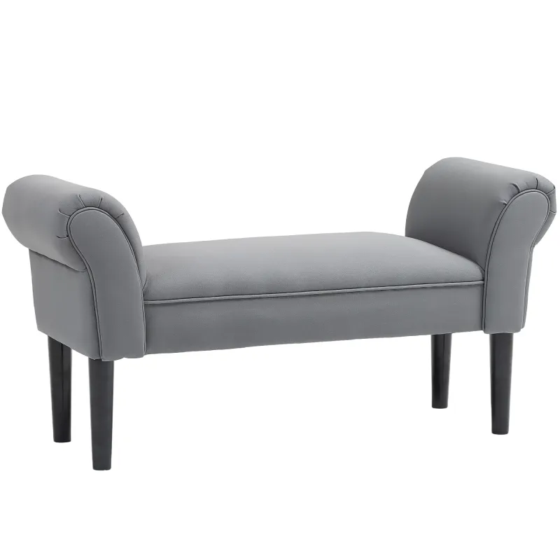 Banco Pie de Cama Tapizado en Lino Sintético con Patas de Madera Reposabrazos y Asiento Acolchado Gris Oscuro