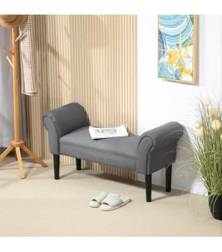 Banco Pie de Cama Tapizado en Lino Sintético con Patas de Madera Reposabrazos y Asiento Acolchado Gris Oscuro
