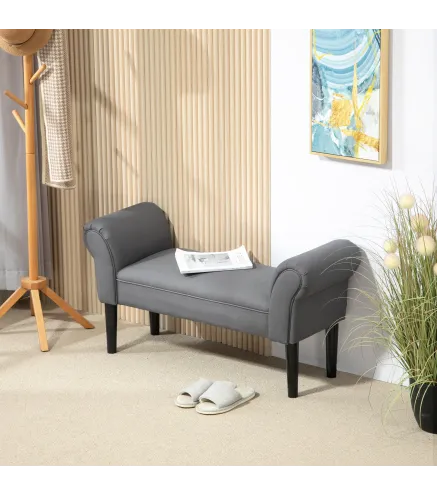 Banco Pie de Cama Tapizado en Lino Sintético con Patas de Madera Reposabrazos y Asiento Acolchado Gris Oscuro