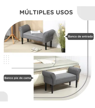 Banco Pie de Cama Tapizado en Lino Sintético con Patas de Madera Reposabrazos y Asiento Acolchado Gris Oscuro