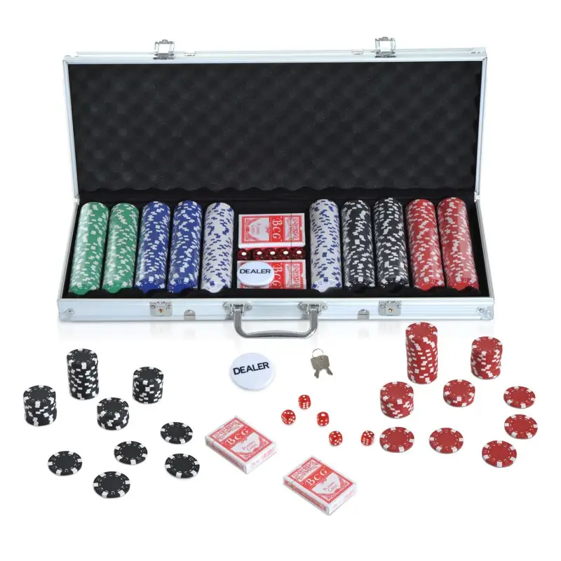 Maletín de Poker Profesional de Aluminio con 500 Fichas Juego Set de Poker Casino con 5 Dados 2 Barajas de Cartas y 1 Ficha de C
