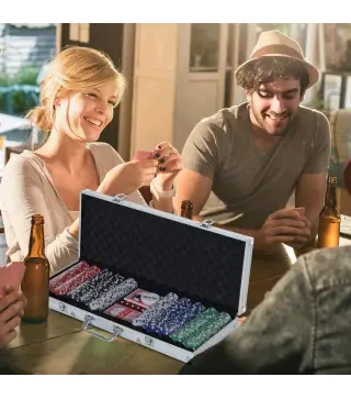 Maletín de Poker Profesional de Aluminio con 500 Fichas Juego Set de Poker Casino con 5 Dados 2 Barajas de Cartas y 1 Ficha de C