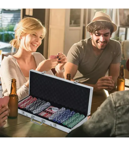 Maletín de Poker Profesional de Aluminio con 500 Fichas Juego Set de Poker Casino con 5 Dados 2 Barajas de Cartas y 1 Fi