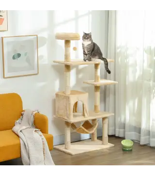 Árbol Rascador para Gatos Grande 70x40x152 cm Torre para Gatos con Múltiples Plataformas Cueva Hamaca Postes Beige