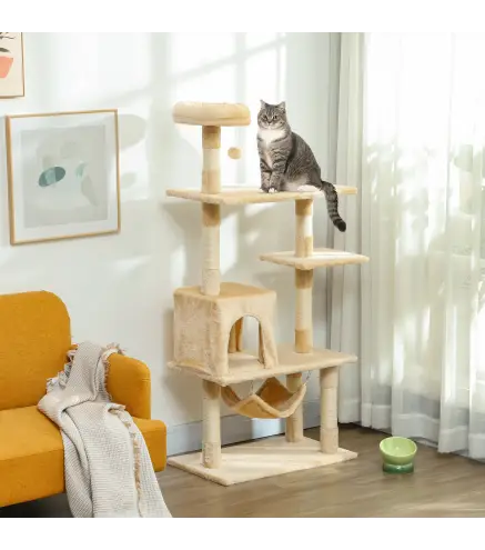 Árbol Rascador para Gatos Grande 70x40x152 cm Torre para Gatos con Múltiples Plataformas Cueva Hamaca Postes Beige