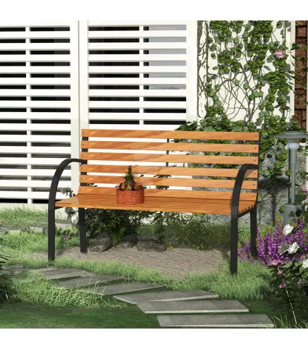 Banco de Jardín de Madera de 2 Plazas 122x60x83 cm con Respaldo y Apoyabrazos Listones y Marco de Acero Carga 220 kg Color Natur