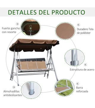 Balancín Jardín Exterior Columpio Exterior de 3 Plazas con Toldo Ajustable Respaldo Transpirable y Marco de Metal para T