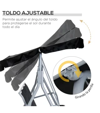 Balancín Jardín Exterior Columpio Exterior de 3 Plazas con Toldo Ajustable Respaldo Transpirable y Marco de Metal para T