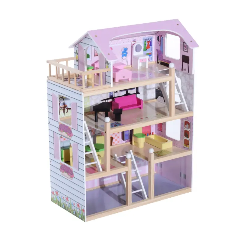 Casa de Muñecas Infantil con Muebles Casa de Muñecas de 4 Pisos con 13 Accesorios 60,5x30x80,5cm Rosa