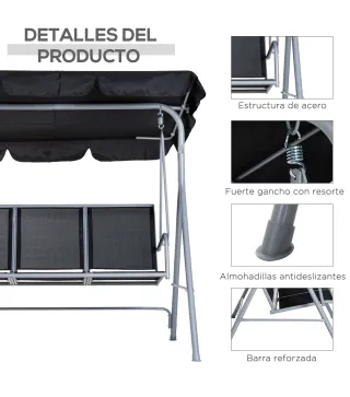 Balancín Jardín Exterior Columpio Exterior de 3 Plazas con Toldo Ajustable Respaldo Transpirable y Marco de Metal para T