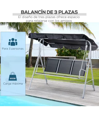 Balancín Jardín Exterior Columpio Exterior de 3 Plazas con Toldo Ajustable Respaldo Transpirable y Marco de Metal para T