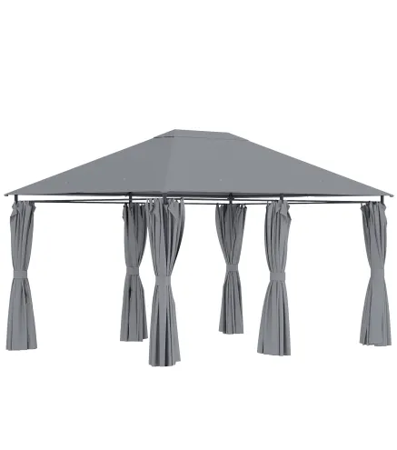 Cenador de Jardín 4x3 m con 6 Paredes Laterales 8 Orificios de Drenaje y Marco de Acero para Fiestas Patio Gris