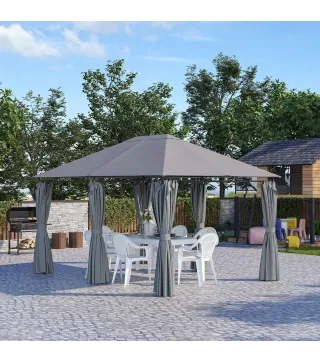 Cenador de Jardín 4x3 m con 6 Paredes Laterales 8 Orificios de Drenaje y Marco de Acero para Fiestas Patio Gris