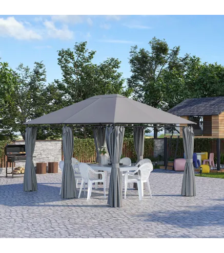 Cenador de Jardín 4x3 m con 6 Paredes Laterales 8 Orificios de Drenaje y Marco de Acero para Fiestas Patio Gris