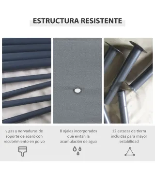 Cenador de Jardín 4x3 m con 6 Paredes Laterales 8 Orificios de Drenaje y Marco de Acero para Fiestas Patio Gris
