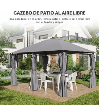 Cenador de Jardín 4x3 m con 6 Paredes Laterales 8 Orificios de Drenaje y Marco de Acero para Fiestas Patio Gris