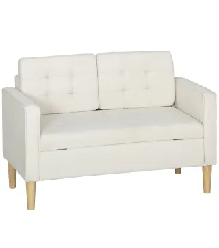 Sofá de 2 Plazas con Espacio de Almacenamiento Patas de Madera Respaldo Capitoné 117x62x78 cm Crema