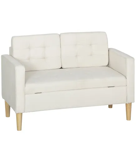 Sofá de 2 Plazas con Espacio de Almacenamiento Patas de Madera Respaldo Capitoné 117x62x78 cm Crema