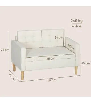 Sofá de 2 Plazas con Espacio de Almacenamiento Patas de Madera Respaldo Capitoné 117x62x78 cm Crema