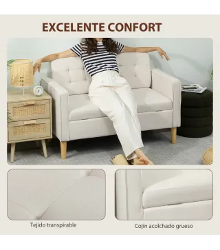 Sofá de 2 Plazas con Espacio de Almacenamiento Patas de Madera Respaldo Capitoné 117x62x78 cm Crema