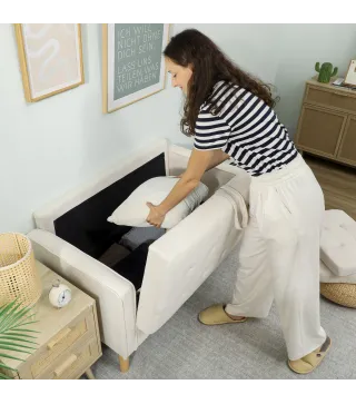 Sofá de 2 Plazas con Espacio de Almacenamiento Patas de Madera Respaldo Capitoné 117x62x78 cm Crema