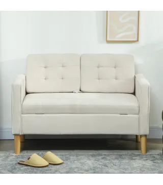 Sofá de 2 Plazas con Espacio de Almacenamiento Patas de Madera Respaldo Capitoné 117x62x78 cm Crema