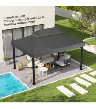 Lona de repuesto para pavellón tela de cenador 4x3 m, doble techo con orificios de drenaje, poliéster 370 g/m², Gris