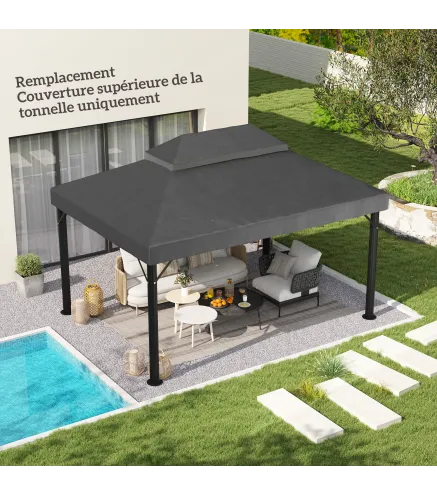 Lona de repuesto para pavellón tela de cenador 4x3 m, doble techo con orificios de drenaje, poliéster 370 g/m², Gris