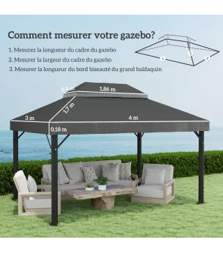 Lona de repuesto para pavellón tela de cenador 4x3 m, doble techo con orificios de drenaje, poliéster 370 g/m², Gris