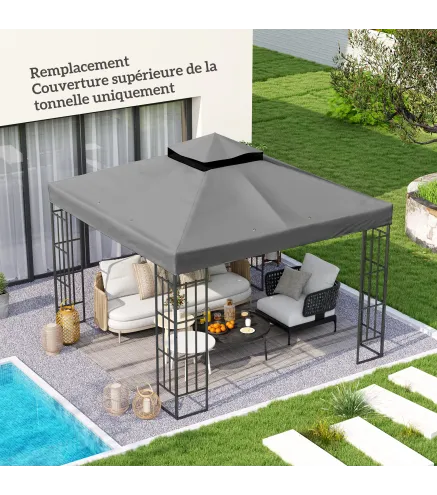 Lona para cenador 3x3 m lona de repuesto para cenador de 2 niveles protección UPF30+ agujeros de drenaje Gris oscuro