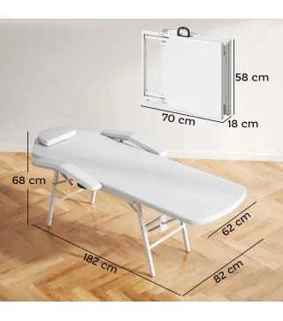 Camilla Masaje Plegable Portátil de 3 Zonas con Respaldo Ajustable Reposacabezas Reposabrazos 182x82x68 cm Blanco