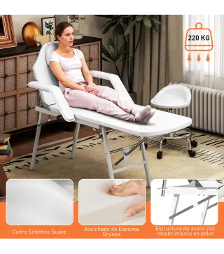 Camilla Masaje Plegable Portátil de 3 Zonas con Respaldo Ajustable Reposacabezas Reposabrazos 182x82x68 cm Blanco