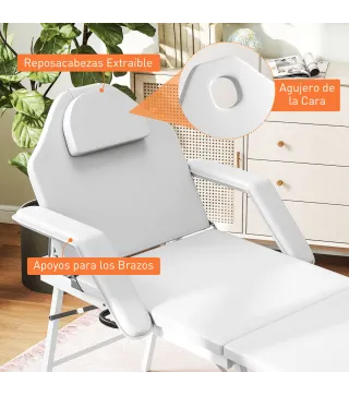 Camilla Masaje Plegable Portátil de 3 Zonas con Respaldo Ajustable Reposacabezas Reposabrazos 182x82x68 cm Blanco