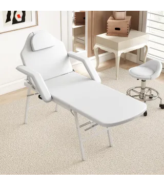 Camilla Masaje Plegable Portátil de 3 Zonas con Respaldo Ajustable Reposacabezas Reposabrazos 182x82x68 cm Blanco