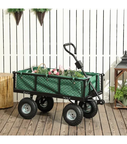 Carrito de Jardín con Ruedas Grandes Asa Ajustable y Bolsa Impermeable Removible Carga 300 kg 105x51x54 cm Verde
