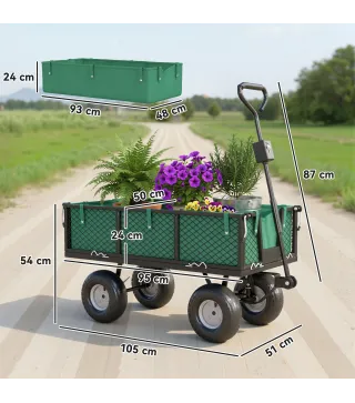 Carrito de Jardín con Ruedas Grandes Asa Ajustable y Bolsa Impermeable Removible Carga 300 kg 105x51x54 cm Verde