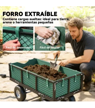 Carrito de Jardín con Ruedas Grandes Asa Ajustable y Bolsa Impermeable Removible Carga 300 kg 105x51x54 cm Verde